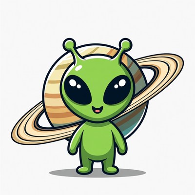 Cute green alien with Saturn