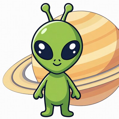 Cute green alien with Saturn