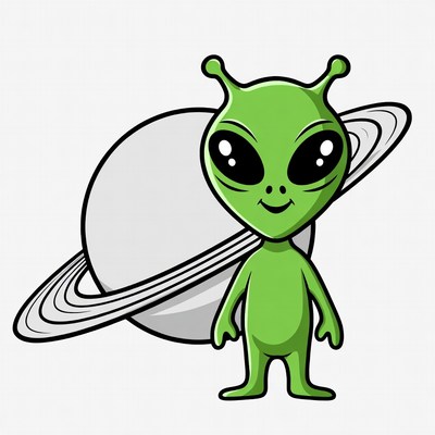 Cute green alien with Saturn