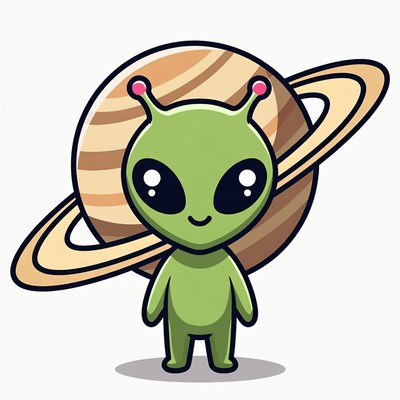 Cute green alien with Saturn