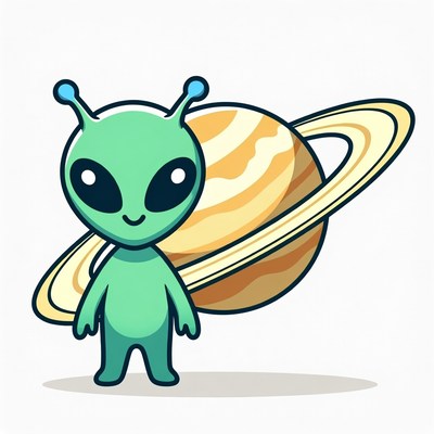 Cute green alien with Saturn