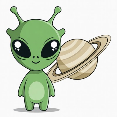 Cute green alien holding Saturn