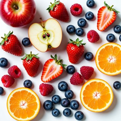 Fresh strawberries blueberries apple oranges