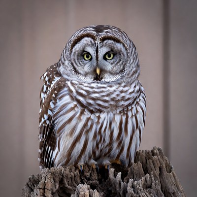 Barred Owl on Tree Stump