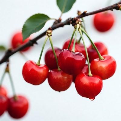 Fresh red cherries on branch