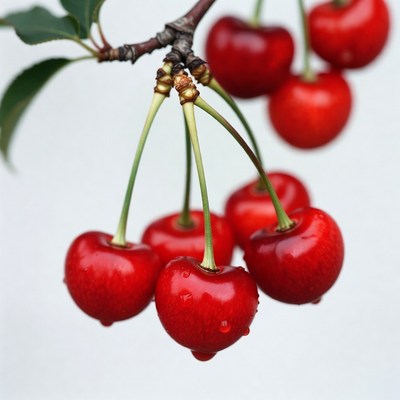 Ripe Red Cherries with Dew Drops