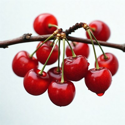 Fresh red cherries on branch