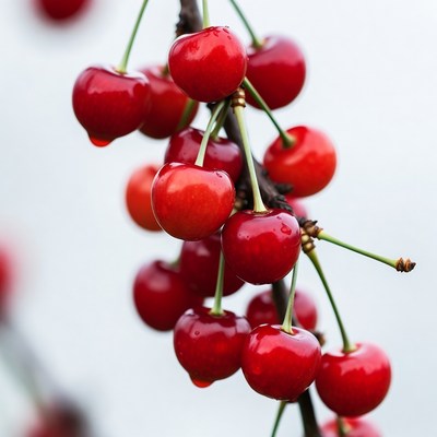 Fresh Red Cherries on Branch