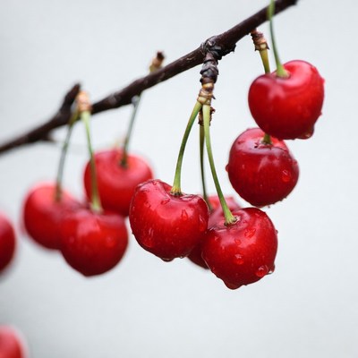 Ripe red cherries hanging on branch