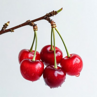 Fresh red cherries on branch