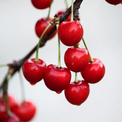 Red Cherries Hanging on Branch