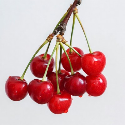 Fresh red cherries on branch