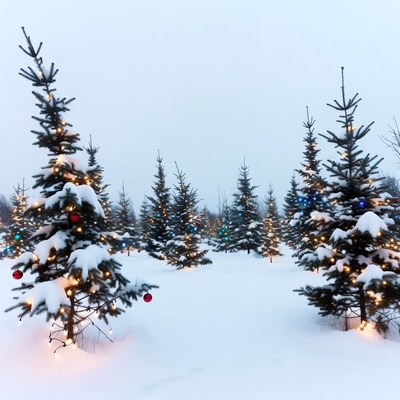 Snowy Christmas Trees with Lights