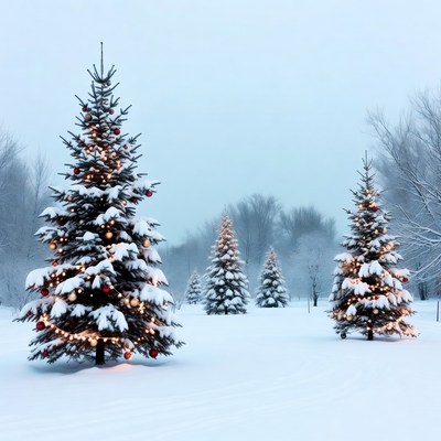 Snowy Christmas Trees in Winter Forest