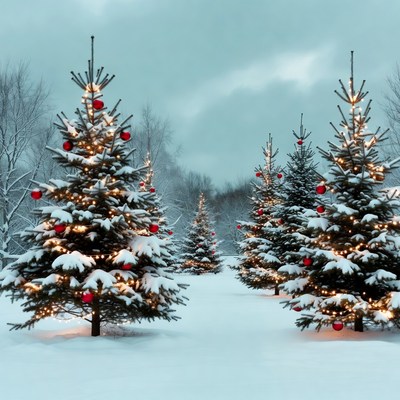 Snowy Christmas Trees in Forest