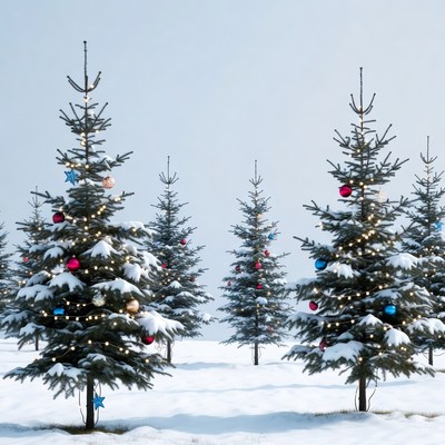 Snowy Christmas Trees with Lights and Ornaments