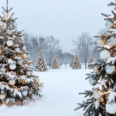 Snowy Christmas Trees in Park