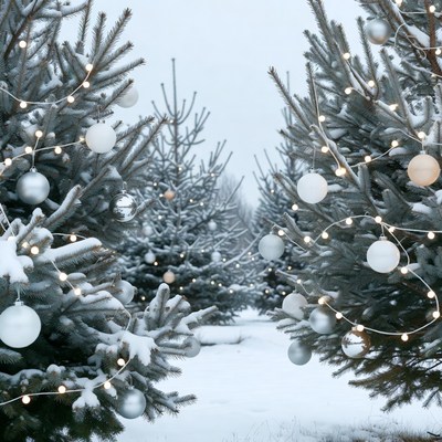 Snowy Christmas Trees with Lights and Ornaments