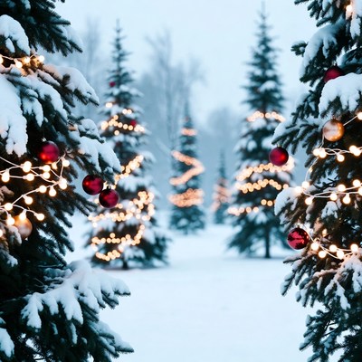 Snowy Christmas Trees with Lights