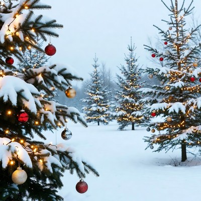 Snowy Christmas Trees with Lights and Ornaments