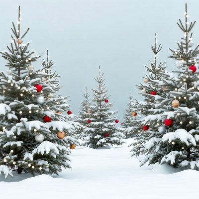 Snowy Christmas Trees with Lights and Ornaments