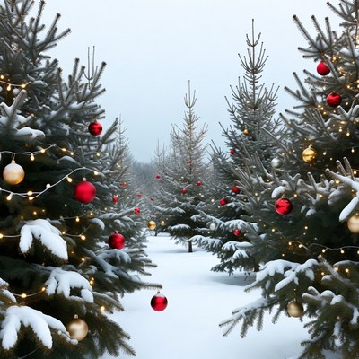 Snowy Christmas Trees with Red Gold Ornaments