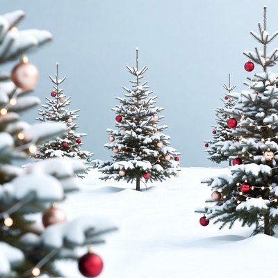 Snowy Christmas Trees with Lights and Ornaments