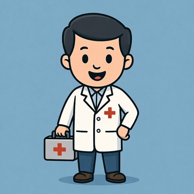 Cartoon Asian doctor holding medical kit