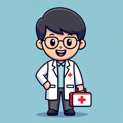 Cartoon Asian doctor boy with medical kit