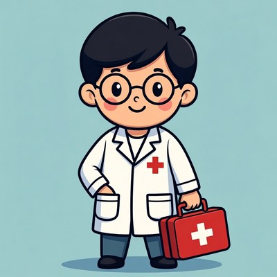 Cartoon Asian boy doctor with first aid kit