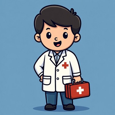 Cartoon doctor boy holding first aid kit
