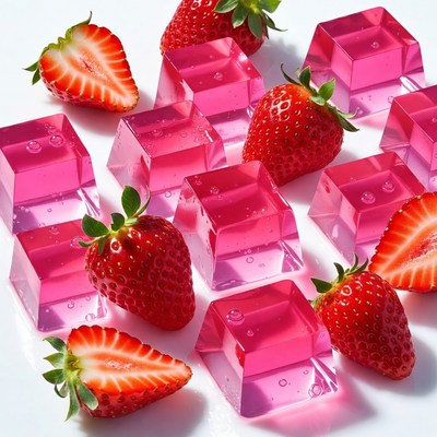 Pink Jello Cubes and Strawberries