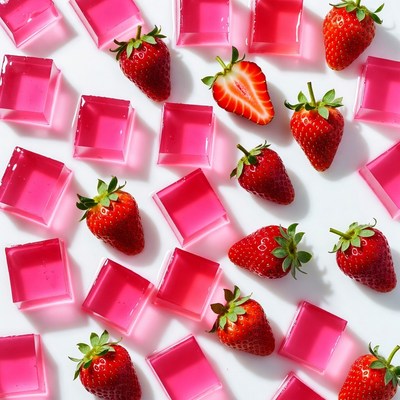 Pink Jello Cubes with Strawberries