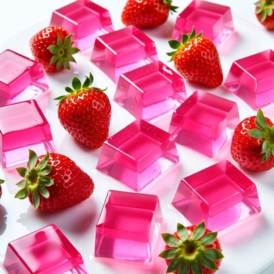 Pink Jello Cubes with Strawberries