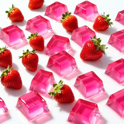 Strawberries and Pink Jelly Cubes