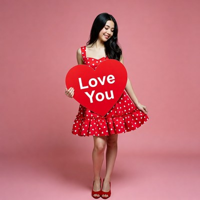 Asian woman holding Love You heart sign