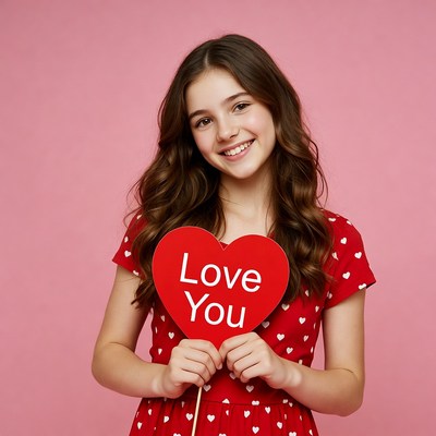 Girl holding Love You heart sign