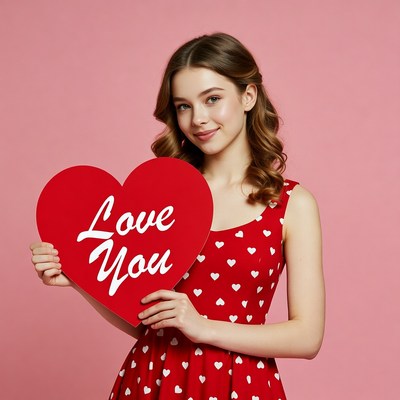 Young woman holding Love You heart sign