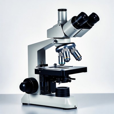 Modern compound microscope on white background