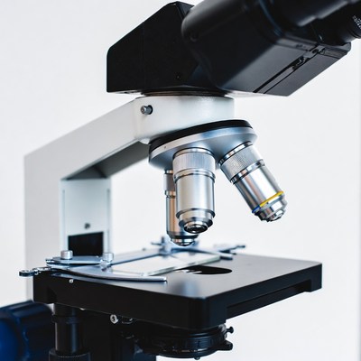 Modern microscope on white background