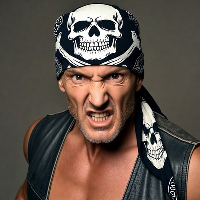 Man with skull bandana snarling