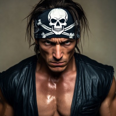 Man with skull bandana and leather vest
