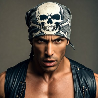 Man wearing skull bandana leather vest