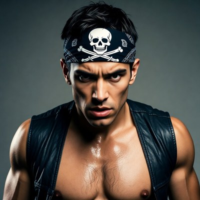 Muscular man in skull bandana and vest