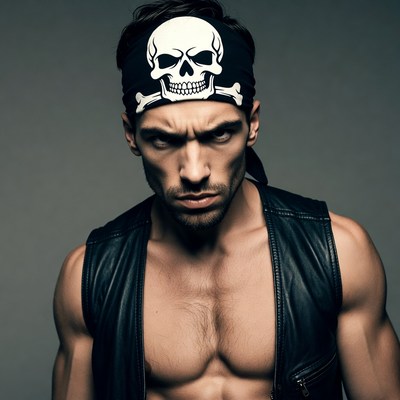 Man with skull headband and leather vest