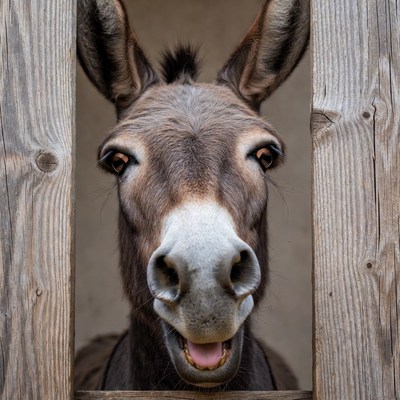 Donkey peeking through wooden fence
