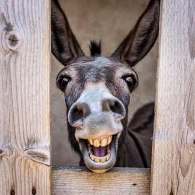 Donkey smiling through wooden fence