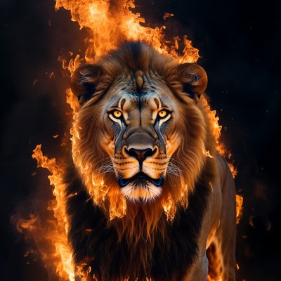 Lion roaring in flames