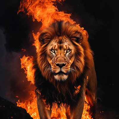 Lion roaring in flames