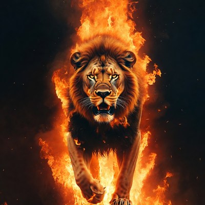 Fiery Lion Roaring in Flames
